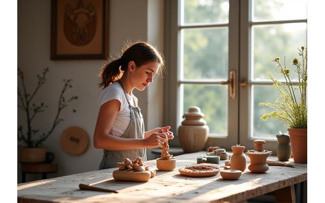 彫刻家が粘土で抽象的な庭のオブジェを制作しているアトリエの様子。