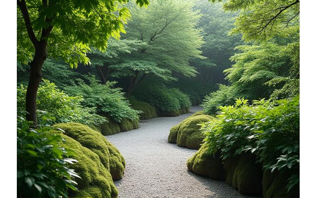 装飾前のシンプルな庭園。緑は豊かだが個性に欠ける風景。