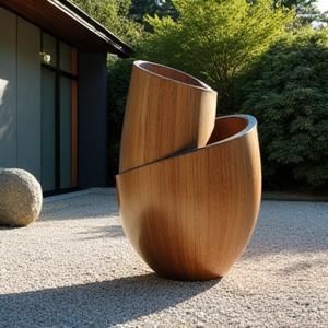 抽象的な現代アートの彫刻が置かれた和風庭園。