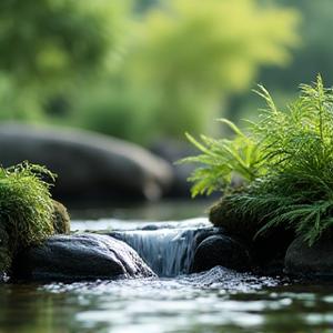 小川のように流れる水が特徴の庭園の噴水。周囲には緑豊かな植物が配置されています。