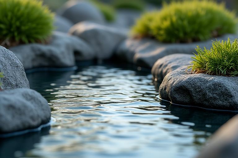 現代的な水景システムと庭園照明の融合。クローズアップされ、詳細がわかる。