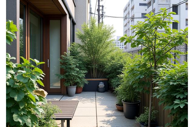 都市のビル群に囲まれた小さな屋上庭園
