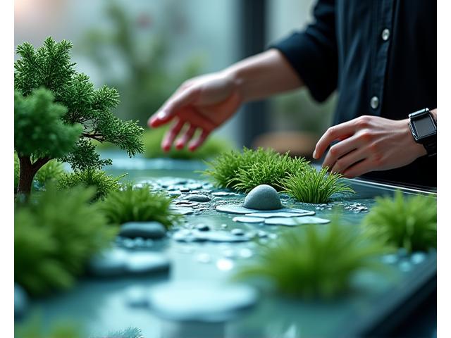タブレットに表示された庭園の3Dモデルとそれを操作するデザイナー