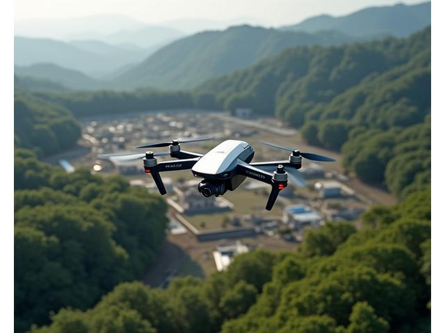 ドローンが広大な敷地を測量している空撮写真