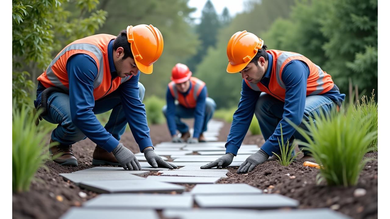 熟練の職人が庭園の地盤調査から基礎工事、舗装材の敷設まで丁寧に作業する様子