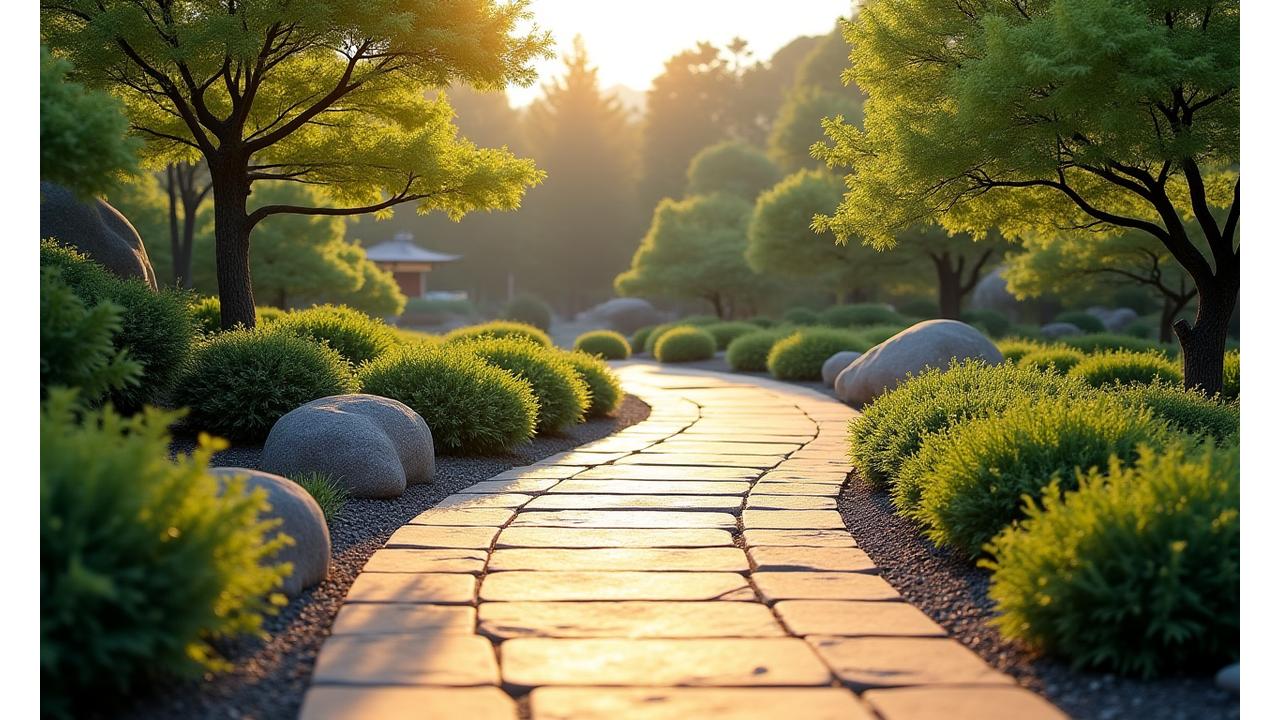 日本の美しい庭園に舗装された滑らかな小道が広がり、訪れる人々を誘う魅力的なシーン