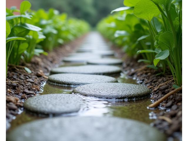 雨水が地面に浸透していく透水性舗装の庭園小道