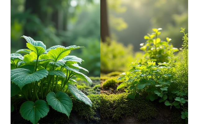 水やりが適切に行われた活き活きとした庭と、水不足で枯れかけた庭の比較