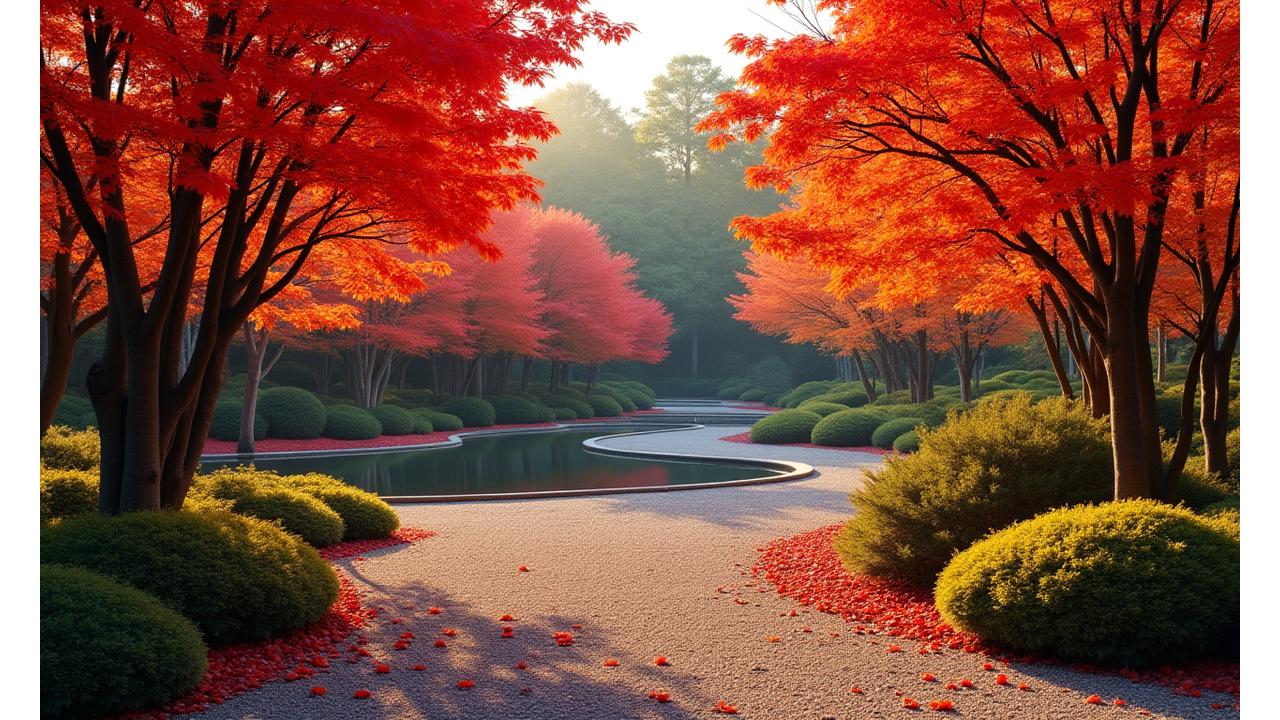 紅葉が鮮やかに色づき、実り豊かな和モダン庭園の秋の情景