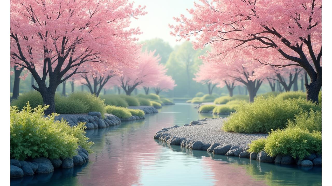 新緑と桜が咲き誇る、和モダン庭園の春の情景