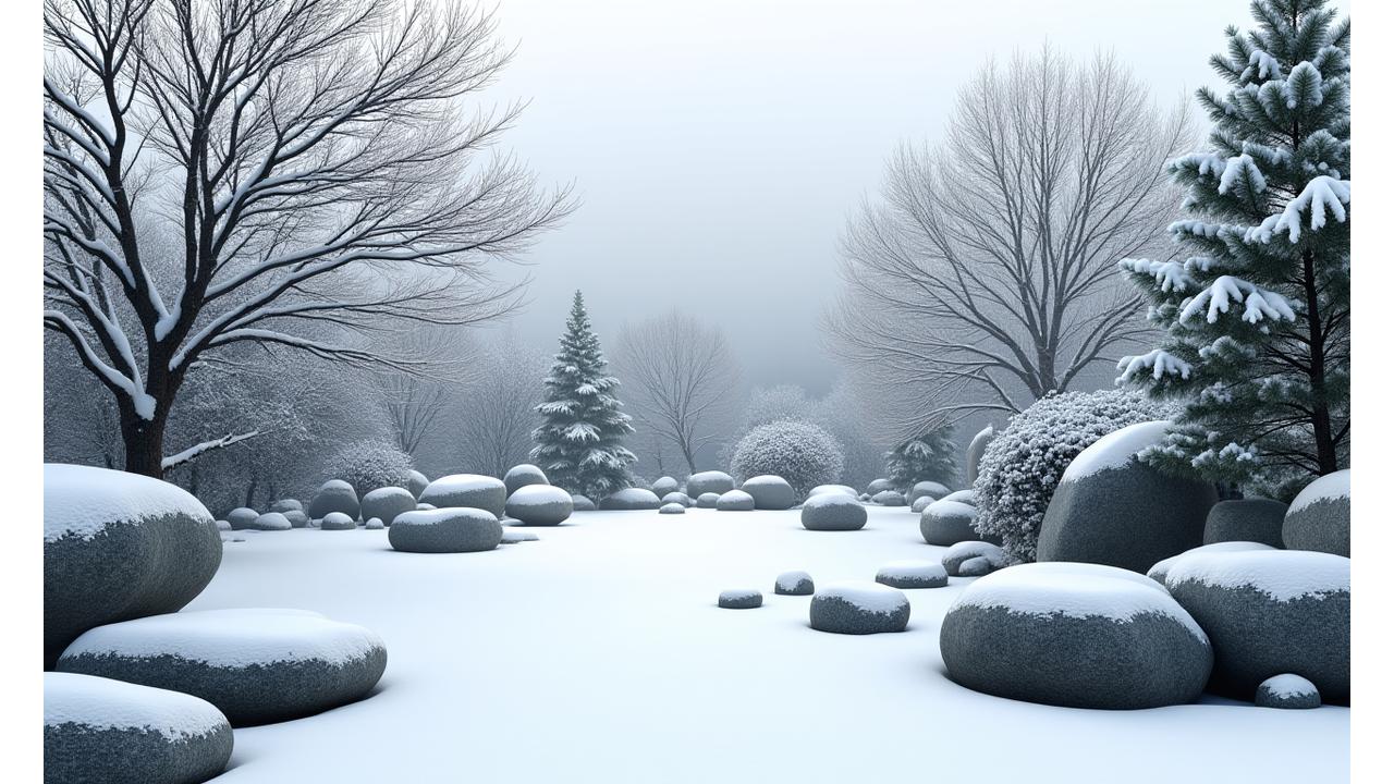 雪に覆われた静寂な、和モダン庭園の冬の情景