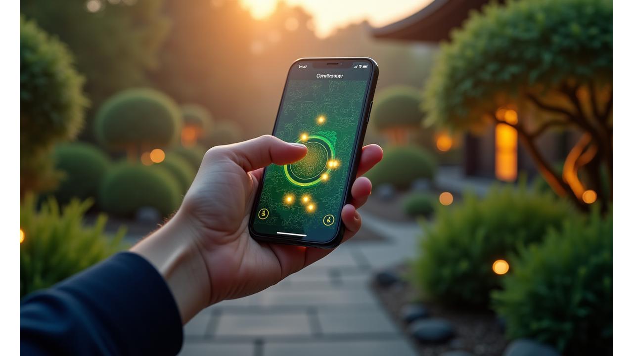 スマートフォンで庭園設備を遠隔操作する様子