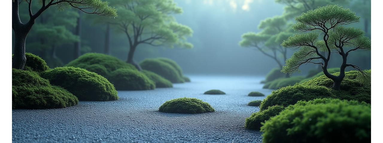 透明感のある日本の庭園と法典のイメージが融合した背景