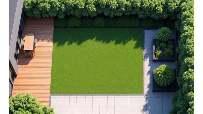 機能別に区切られた庭の俯瞰写真、ダイニング、ラウンジ、遊び場