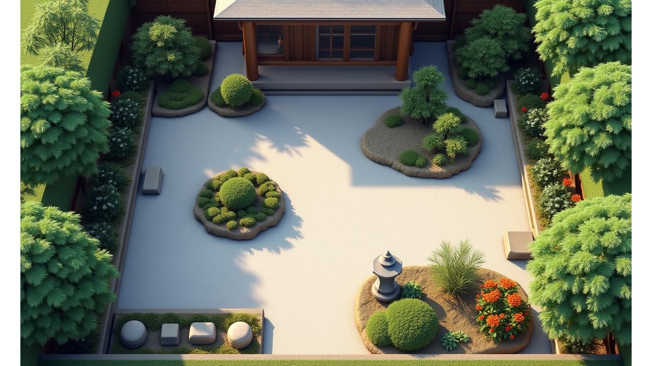 3Dイラストで表現された機能的にゾーニングされた美しい庭園