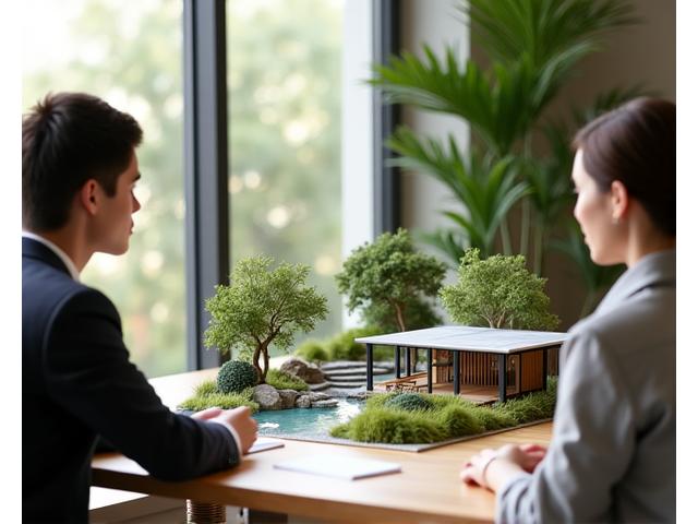 お客様とデザイナーが庭の模型を見ながら会話している様子