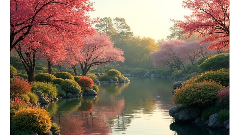 四季折々の植物で彩られた庭園のパノラマ写真