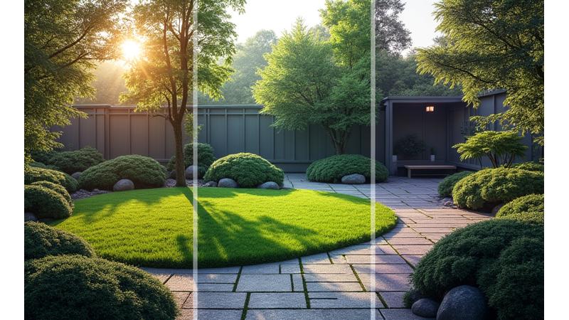 朝、昼、夜で異なる光に照らされた庭の様子